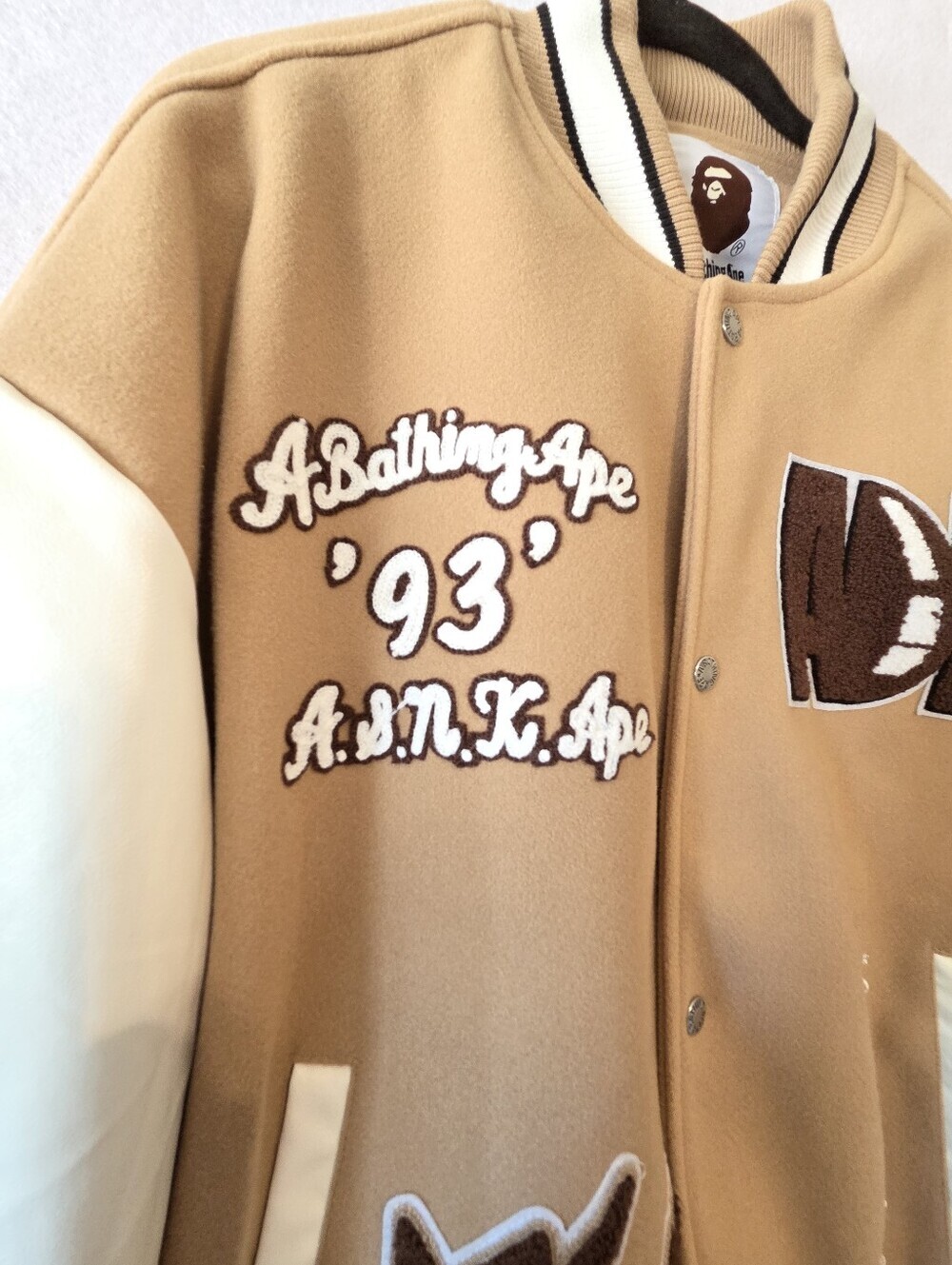 A BATHING APE BAPE MULTI MOTIF VARSITY JACKET BEIGE SIZE XXL (NWT) - Picture 4 of 14